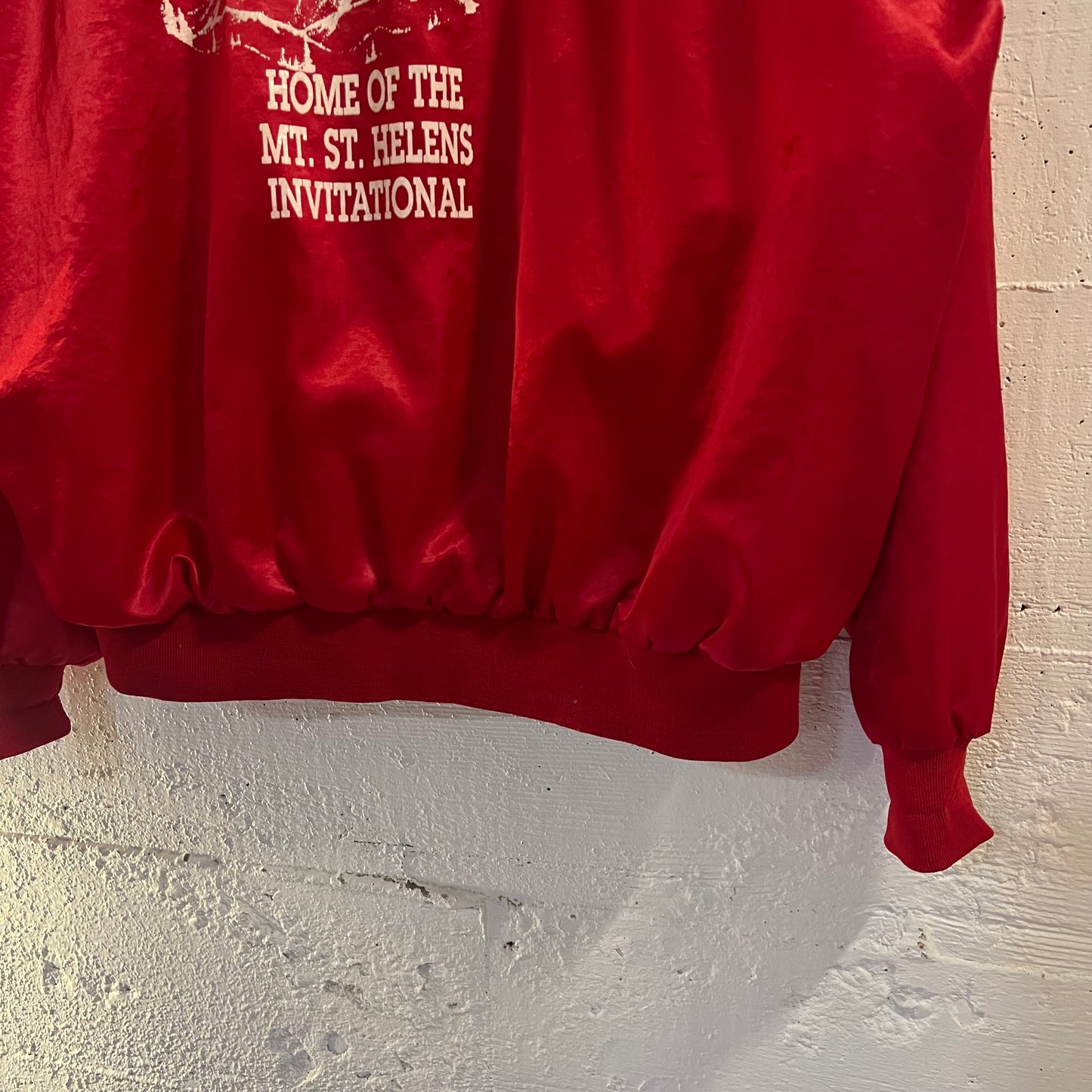 Vintage 1980's Highlander Bowl Mt. St Helens Invitational 'Kelso WA' Satin Bomber Jacket - Size XL - Union Made In USA - Red/White