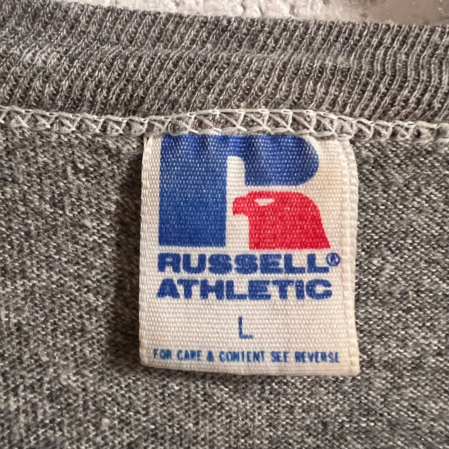 Vintage 80’s Russell Athletic Jefferson Football Cropped Baby Single Stitch T-Shirt - Size Large - Made In USA - Heather Grey/Navyi