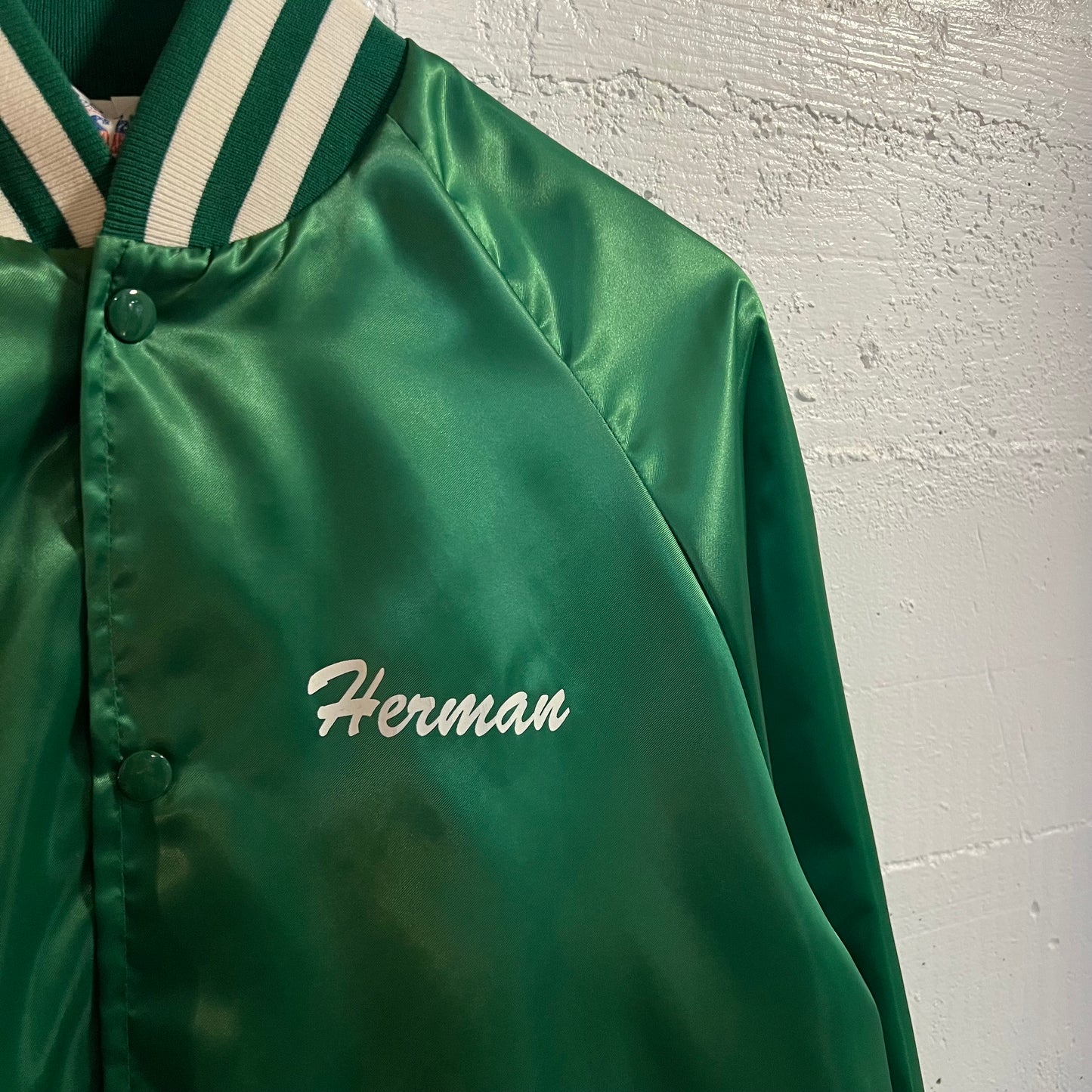 Vintage Westark Longview County Fair Satin Bomber Jacket - Size Large - Made In USA - Kelly Green/White