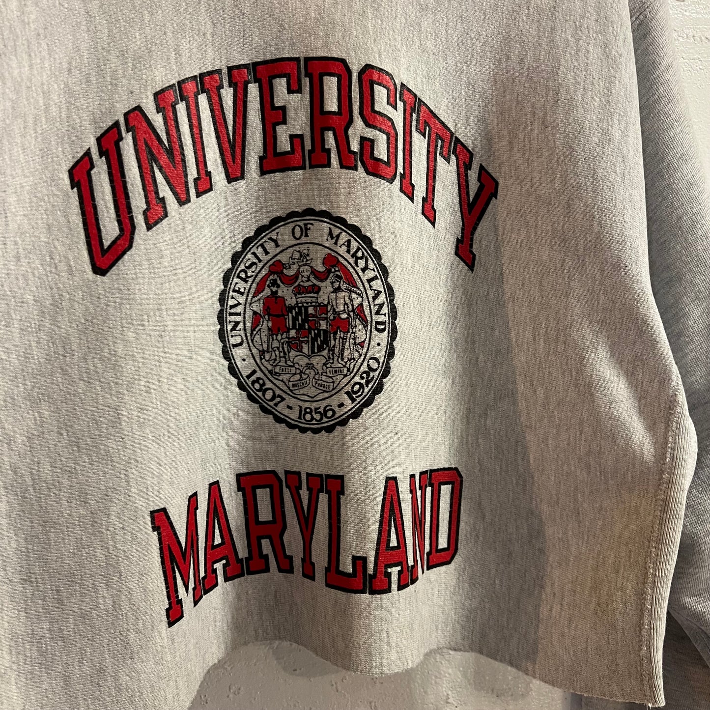 Vintage 90’s Champion Reserve Weave University Of Maryland Cropped Crewneck Sweatshirt - Size XL - Made In USA - Heather Grey/Red/Black