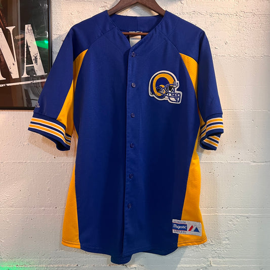 Vintage 90's Los Angeles Ram's Majestic Baseball Style Jersey - Size XL - Made In USA - Blue/Yellow