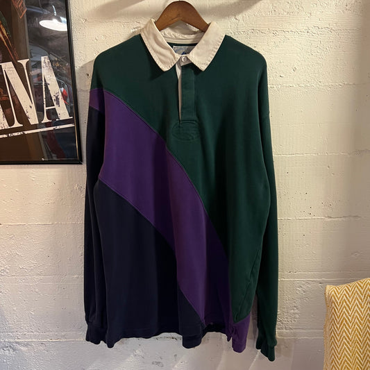 Vintage Land's End Authentic Rugby Shirt - Size Large Tall - Made In USA - Forest Green/Royal-Purple/Navy/White