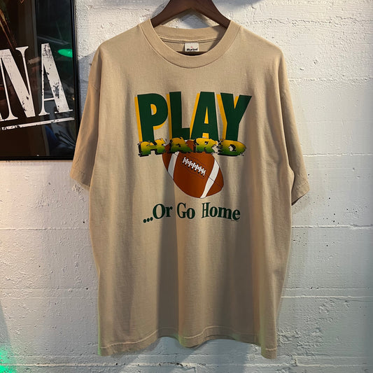 Vintage Football 'Play Hard Or Go Home' T-Shirt - Size XL - Made In USA - Tan/Green/Yellow