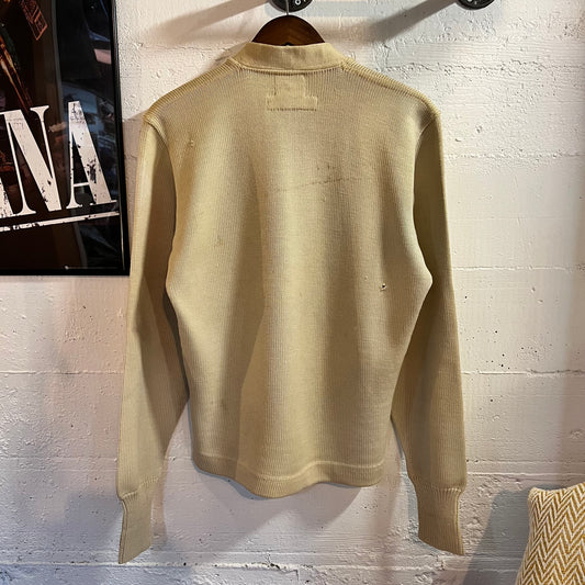 True Vintage Distressed 1950's Kandel Knitting Mills Virgin Wool Varsity Letterman Cardigan Sweater - Size Large - Made In USA - Off-White/Cream/Purple