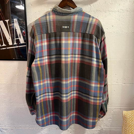 Vintage 90's World Island Faded Cotton Plaid & Denim Button Down Flannel Shirt - Size XL - Faded Pastel Multicolor
