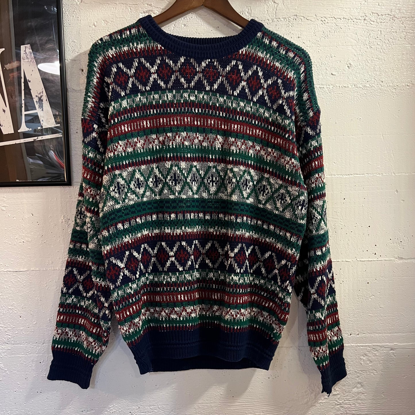 Vintage 80’s/90’s The Men’s Store At Sears Abstract Patterned Knitted Sweater - Size Large - Navy/Red/White/Green