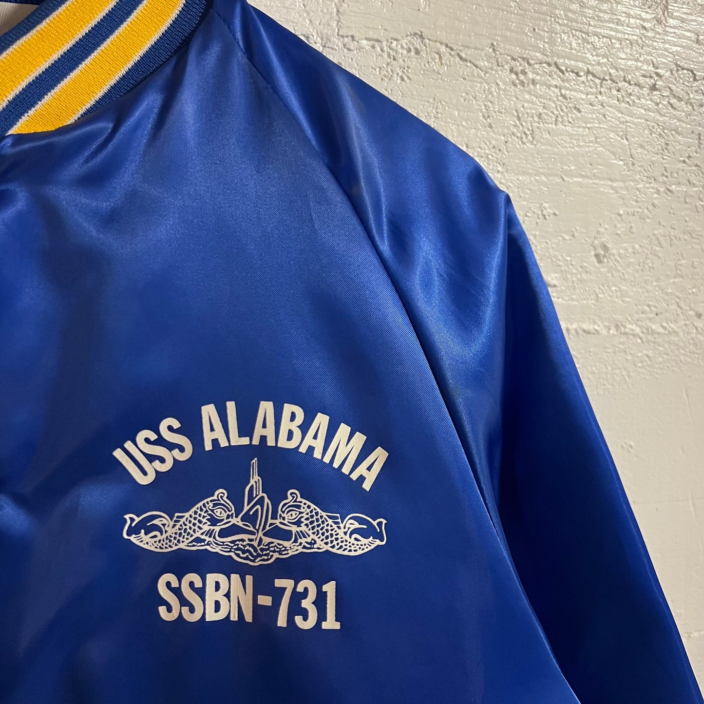 Vintage 1980's USS Alabama SSBN-731 Pla-Jac By Dunbrooke Satin Bomber Jacket - Size 40 (M) - Made In USA - Blue/Yellow