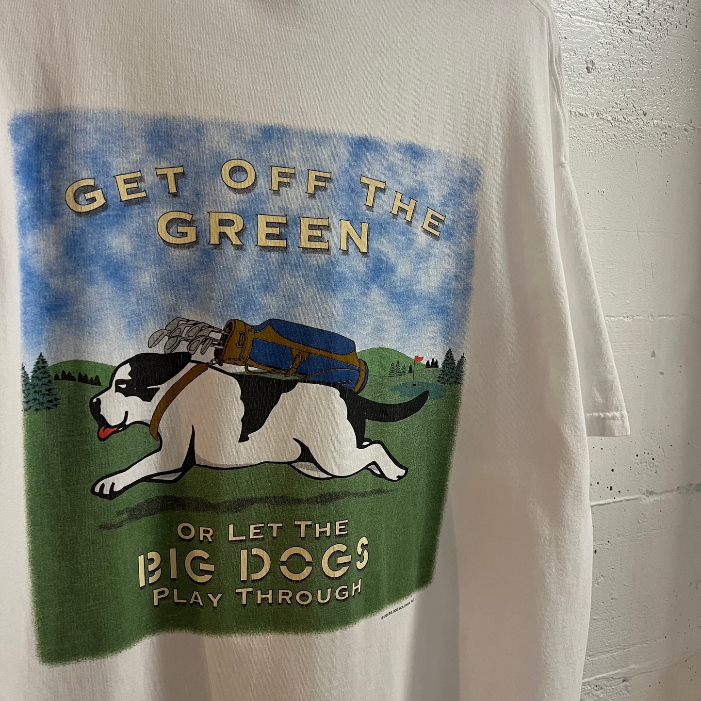 Vintage 1995 Big Dogs ‘Get Off The Green’ Golf T-Shirt - Size 2XL - Made In USA - White/Multi