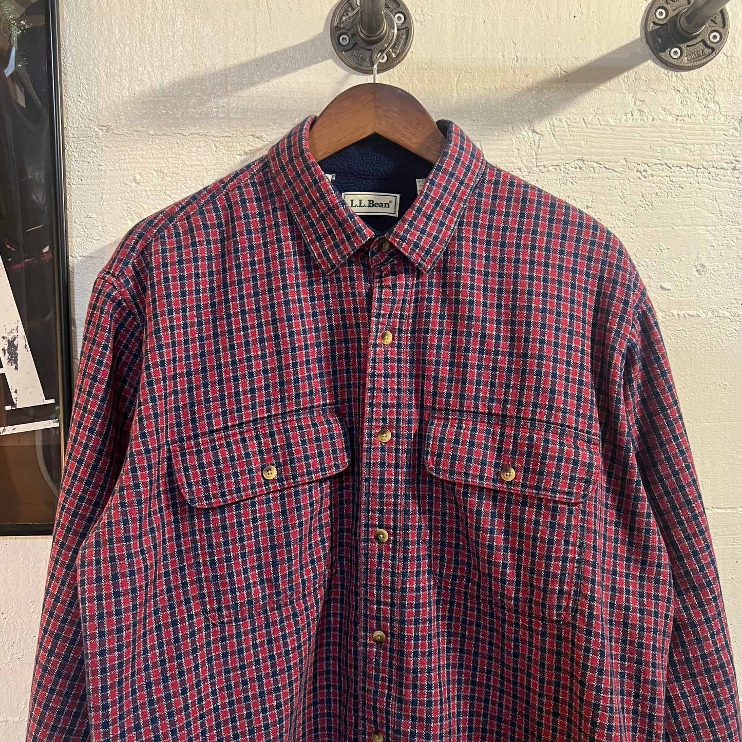 Vintage L.L. Bean Fleece Lined Plaid Flannel Shirt Jacket - Size Large - Made In USA - Red/Blue
