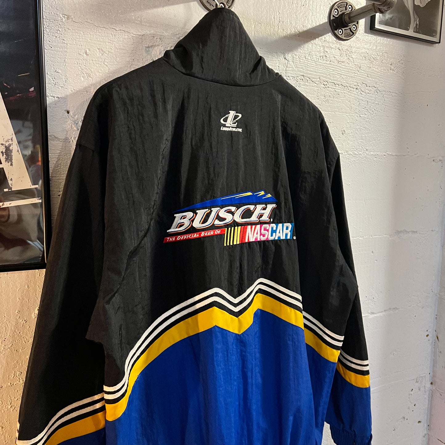 Vintage 90's Logo Athletic Busch Racing Nascar Nylon Windbreaker Jacket - Size Medium - Blue/Yellow