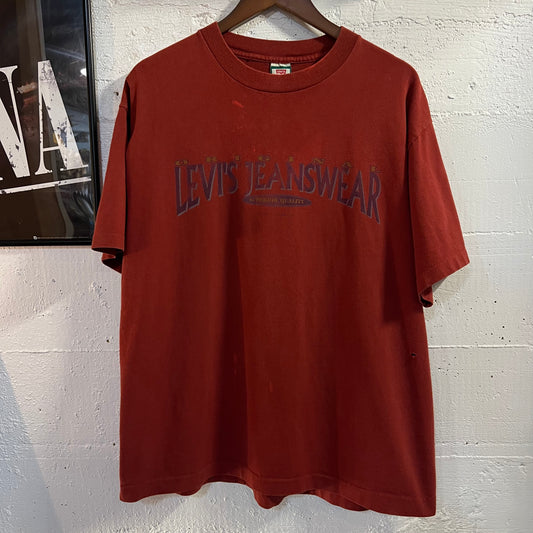 Vintage Distressed 90's Levi Strauss 'Levi Jeanswear' Single Stitch Graphic T-Shirt - Size Large - Made In USA - Maroon