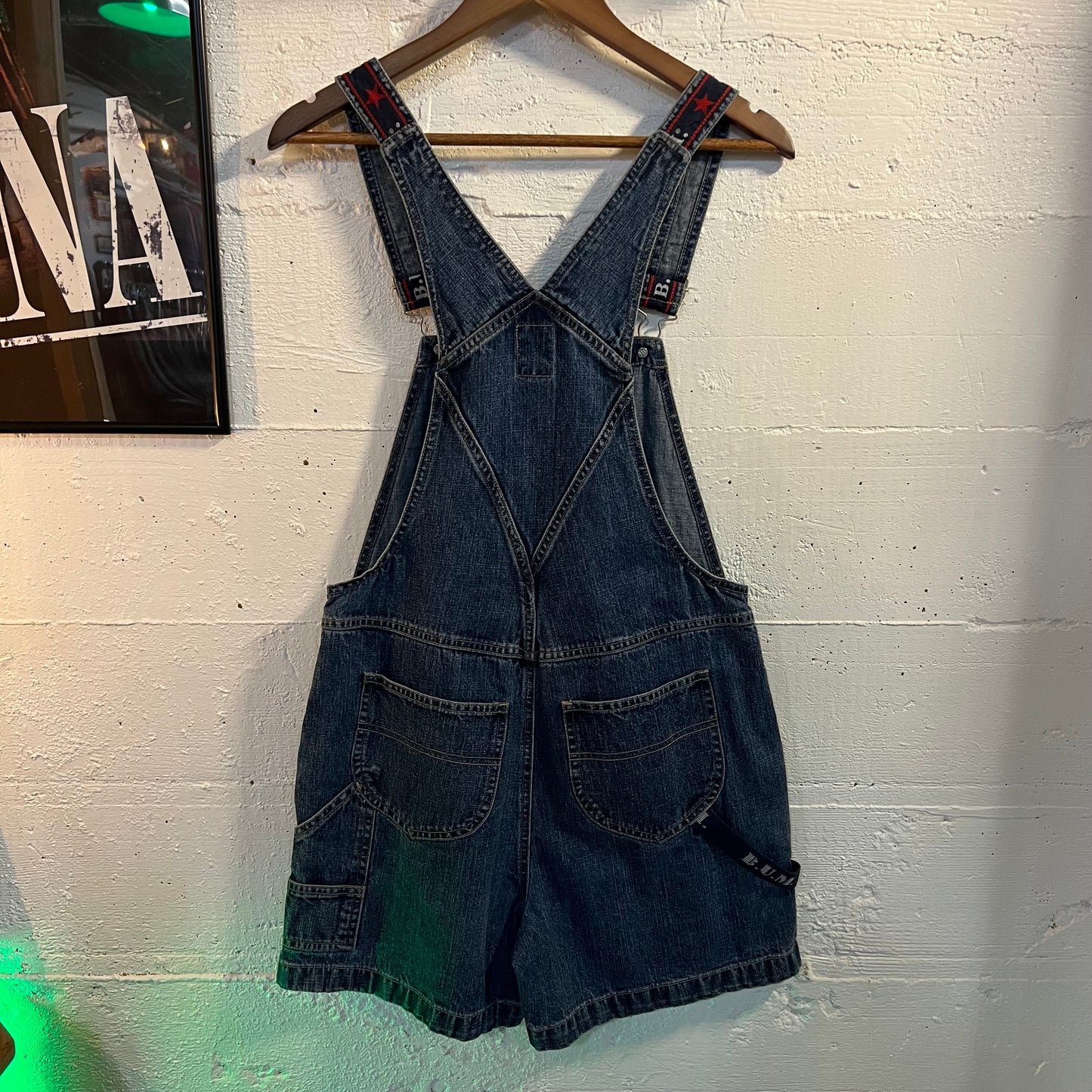 Vintage 90's B.U.M. Equipment Embroidered Spellout Denim Short Overalls - Size Small - Medium Wash Indigo