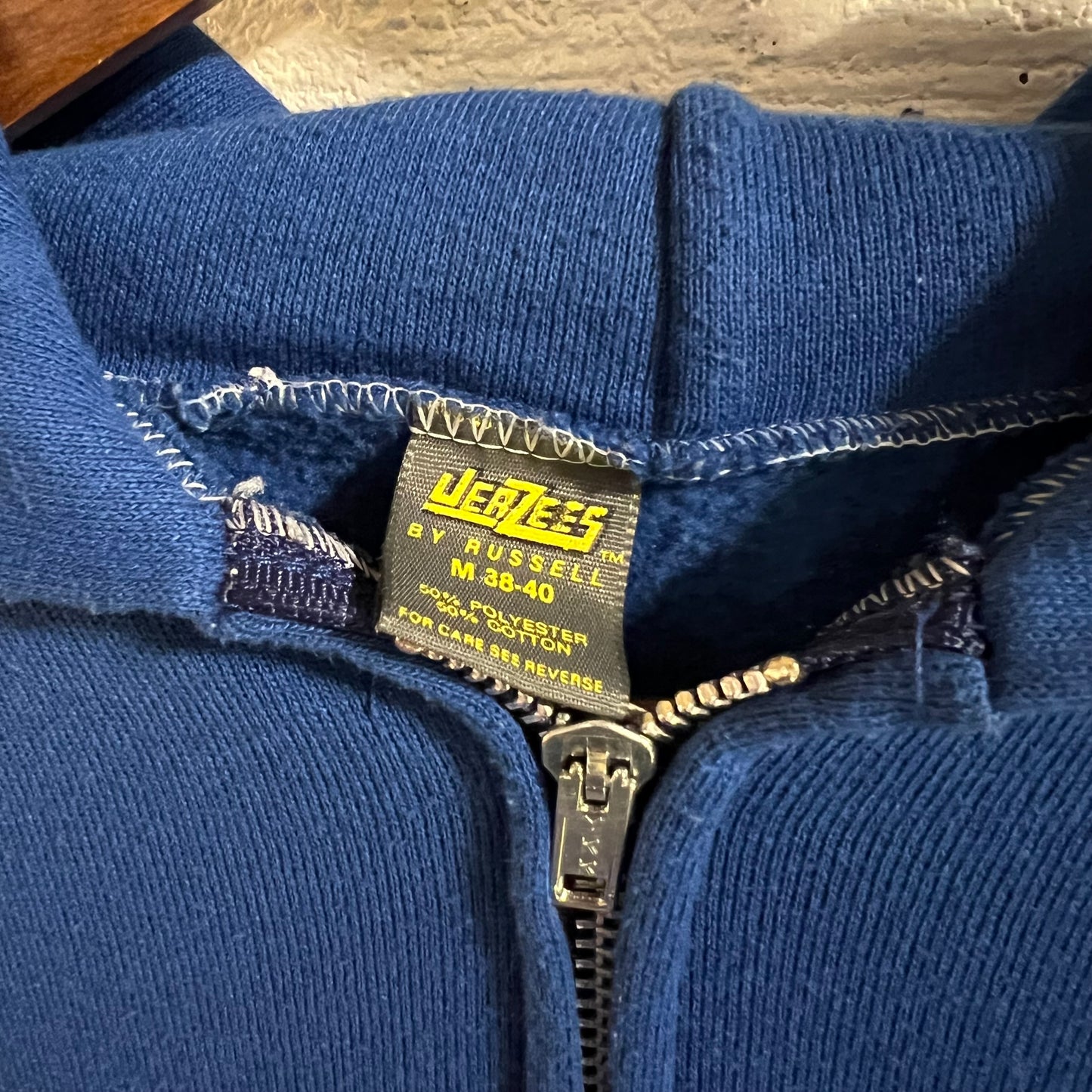 Vintage 1980's Jerzees 50/50 Blend Zip Up Hoodie Sweatshirt - Size Medium - Made In USA - Royal Blue