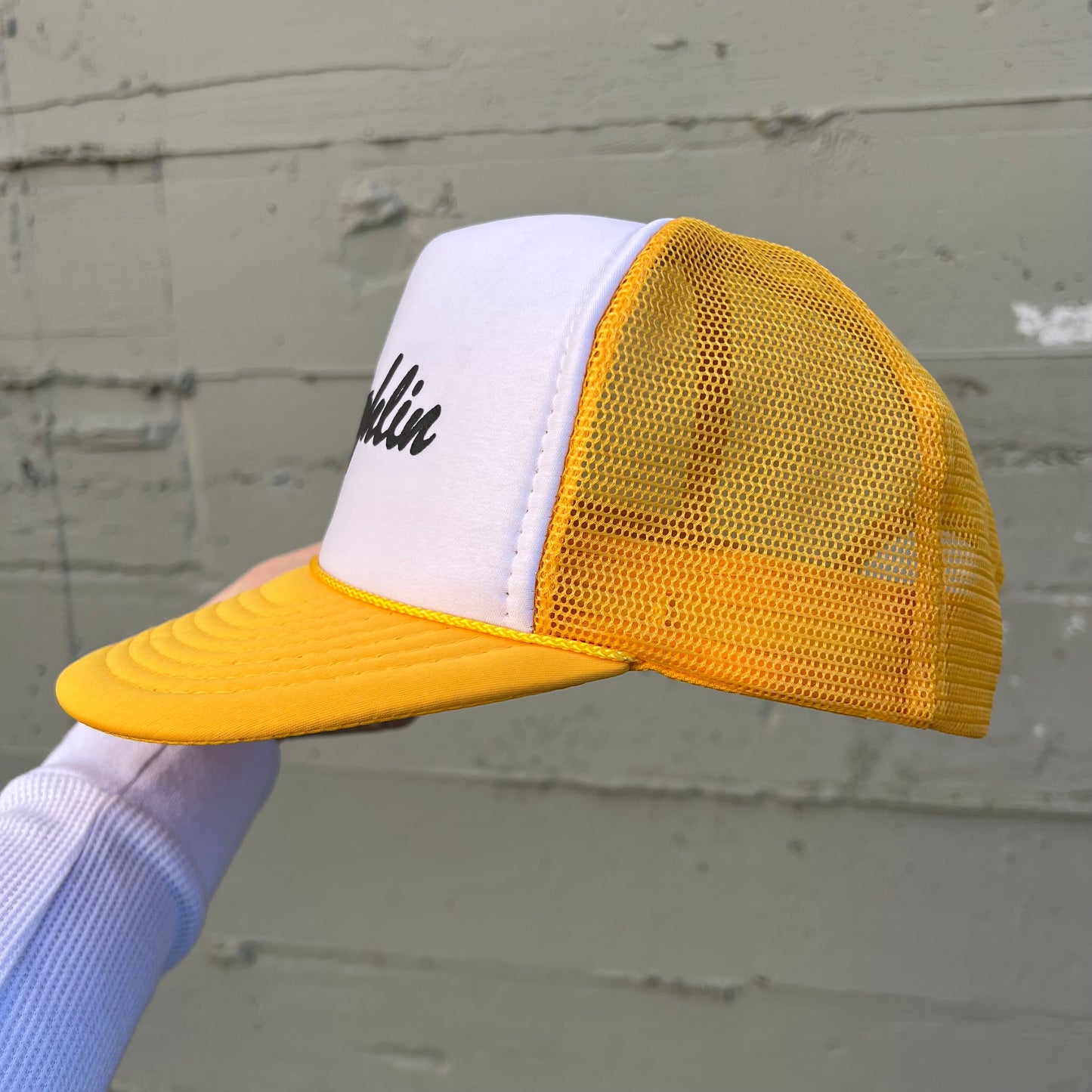 Vintage 1980's Laughlin Nevada Two Tone Mesh Back Trucker Hat - O/S - Yellow/White