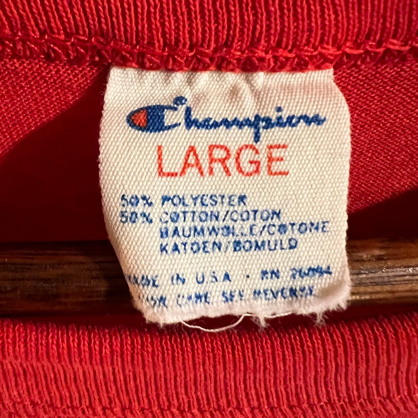 Vintage 80’s Distressed Champion Connecticut Soccer School Single Stitch T-Shirt - Size Large - Made In USA - Red/White/Blue