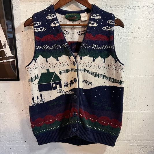 Vintage 90’s Northern Reflection Winter Scene Knitted Sweater Buttoned Vest - Size Small - Made In Canada - Multicolor