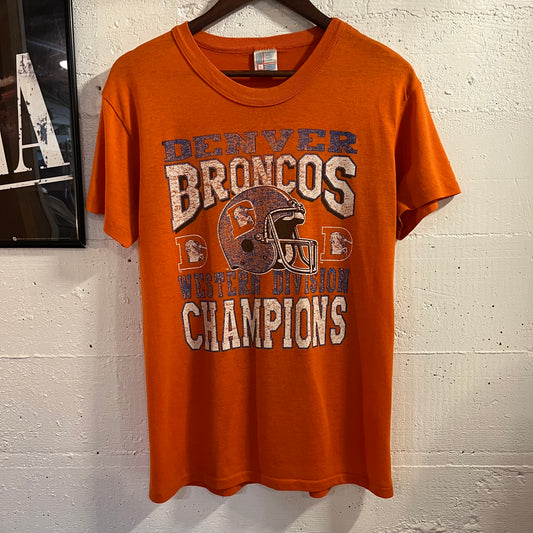 Vintage 80's Garan Denver Broncos Western Division Champs Single Stitch T-Shirt - Size Large - Made In USA - Orange/Blue/White