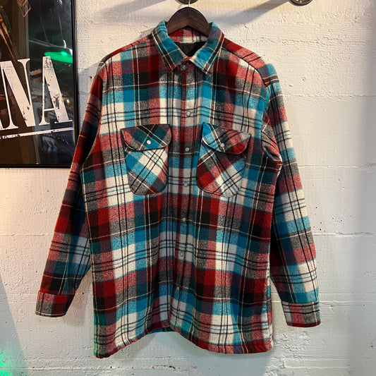 Vintage Quilted Plaid Pearl Snap Flannel Shirt - Size Large - Red/White/Blue