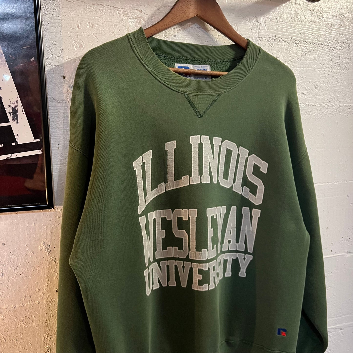 Vintage Distressed Russell Athletic High Cotton 'Illinois Wesleyan University' Collegiate Crewneck Sweatshirt -  Size XL - Made In USA - Faded Green