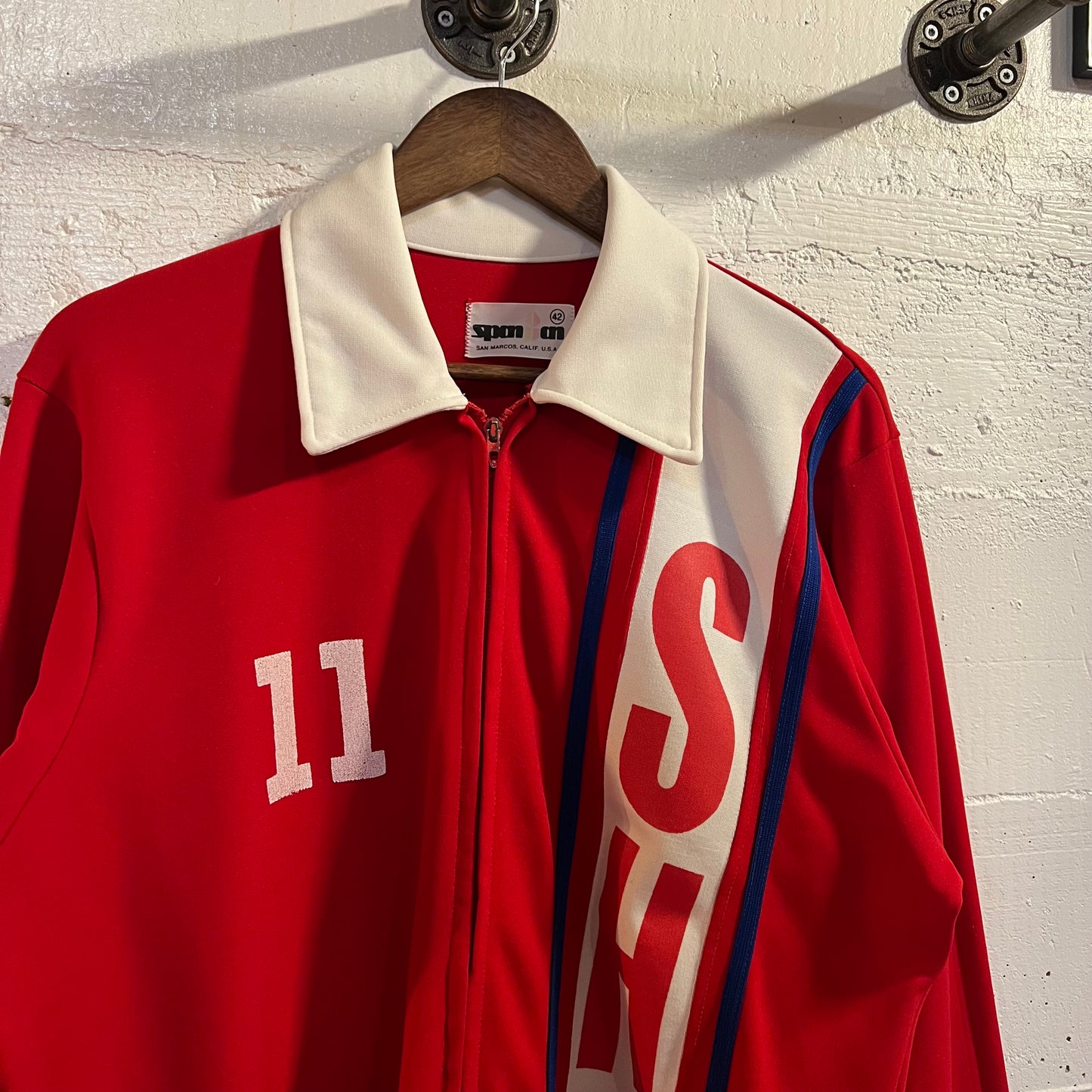 Vintage 60’s/70’s Spanjian SHS ‘#11’ Long Horn Athletic Windbreaker Zip Up Jacket - Size Large - Made In USA - Red/White/Blue