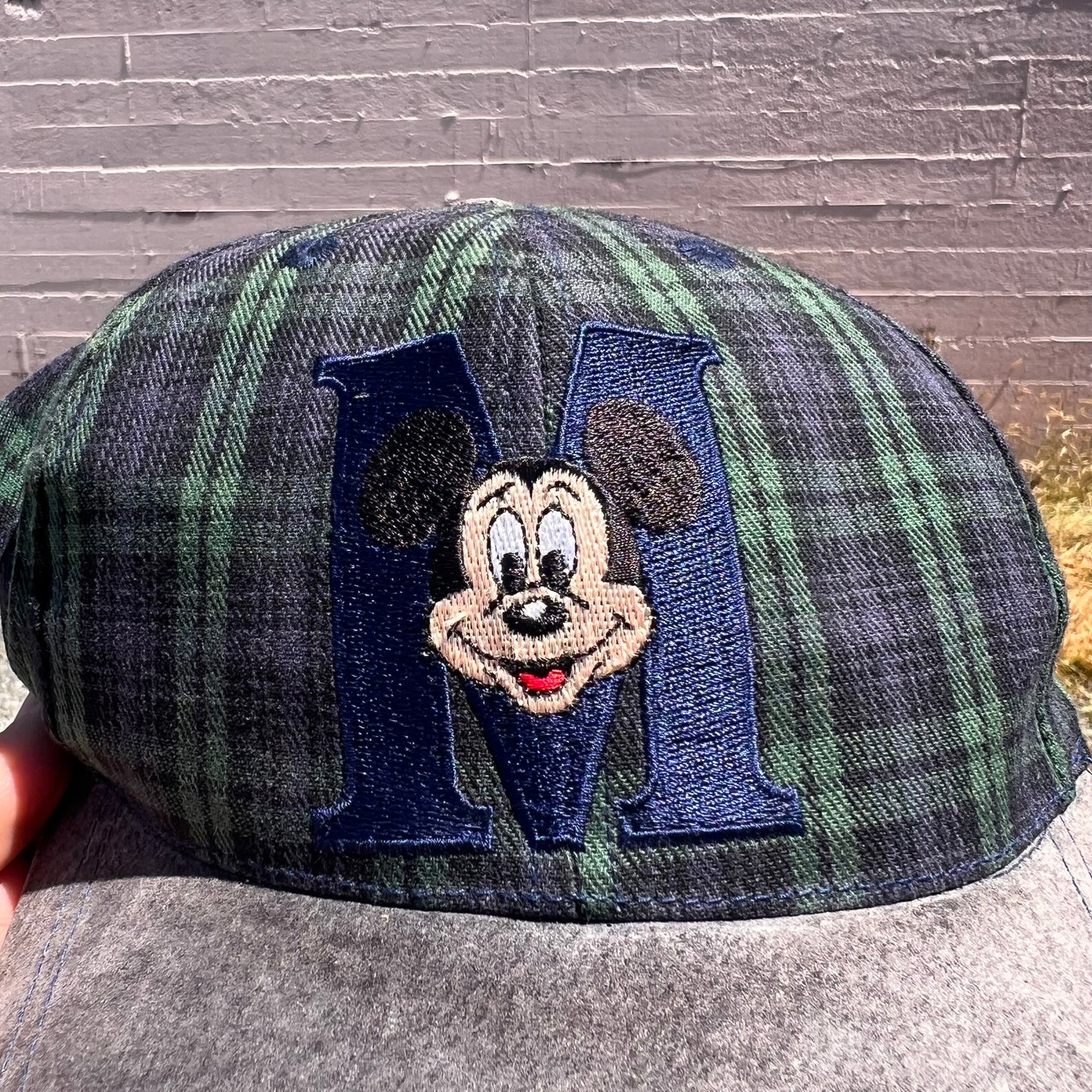 Vintage Mickey Mouse 'M' Disney Plaid Suede Bill Snapback Hat - OSFA - Blue/Green/Black