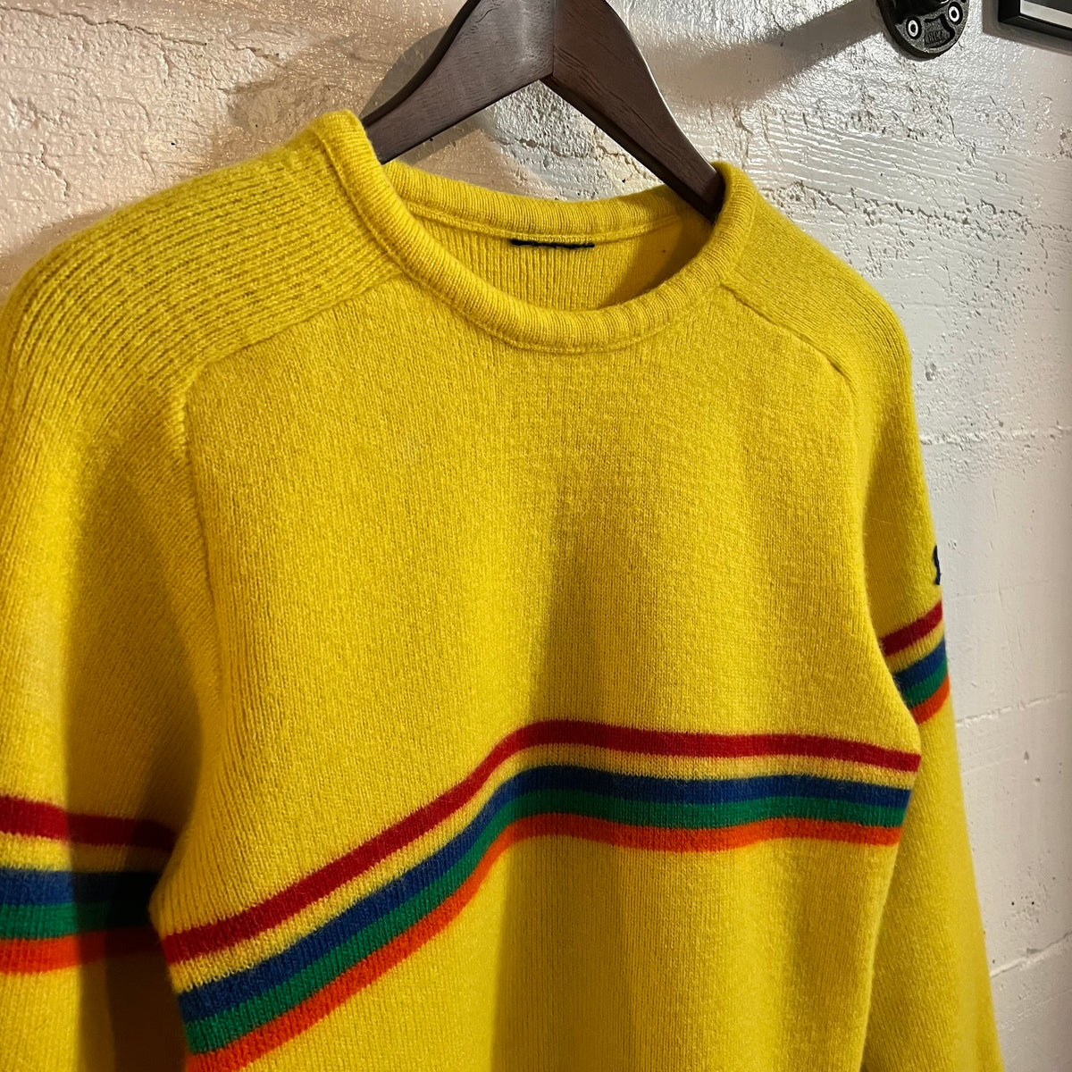 True Vintage 70's Knit Wool Rainbow Striped Sweater - Size Small - Wool - Yellow/Multi