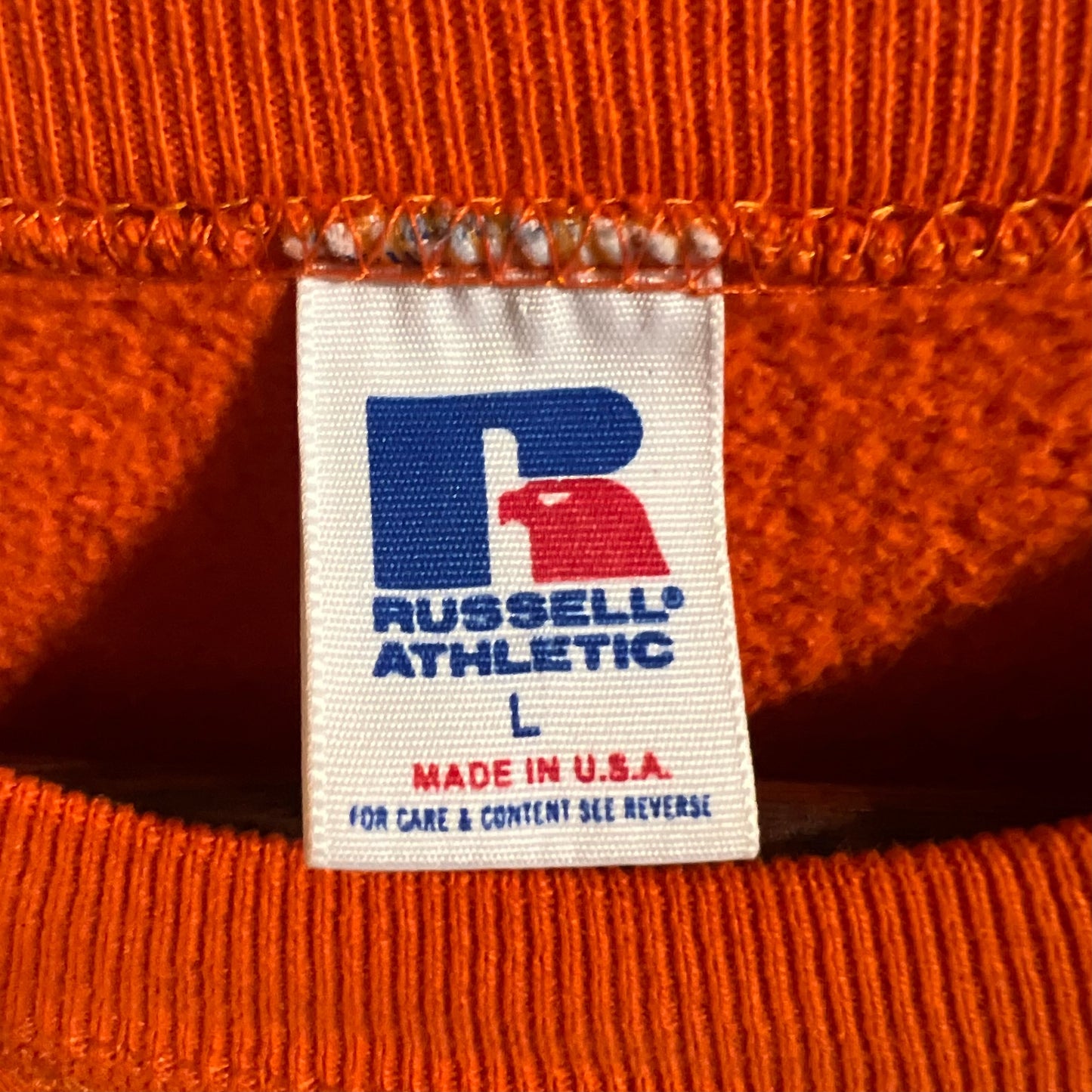 Vintage 1980's Auburn University Russell Athletic Distressed Crewneck Sweatshirt - Size Large - Made in USA - Orange/Navy
