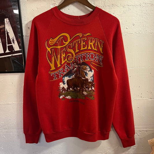 Vintage 80’s Western Tradition Jackson Hole, WY Raglan Crewneck Sweatshirt - Size Large - Made In USA - Red/Multi