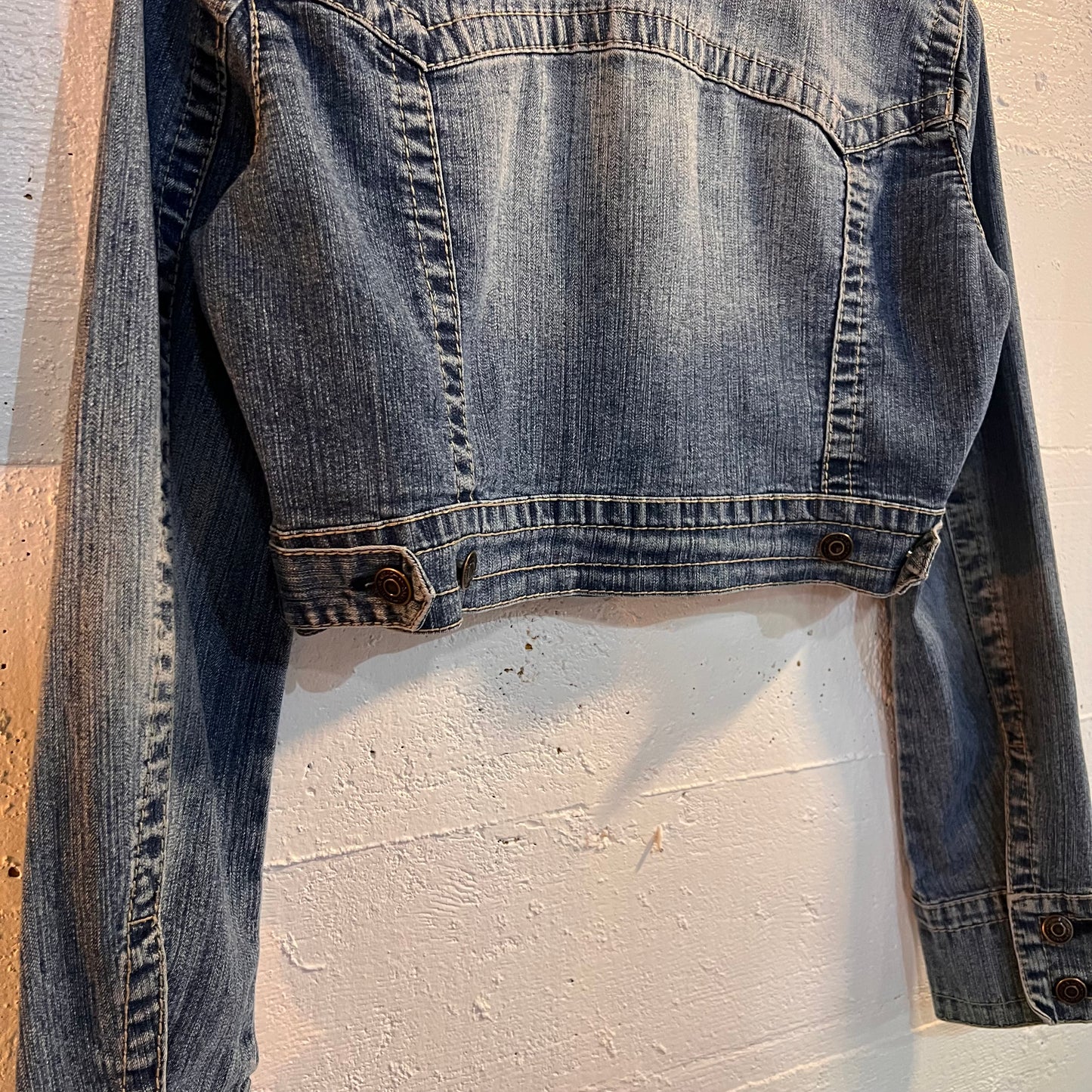 Vintage Hydraulic Button-Up Cropped Jean Jacket - Size Medium - Denim/Orange