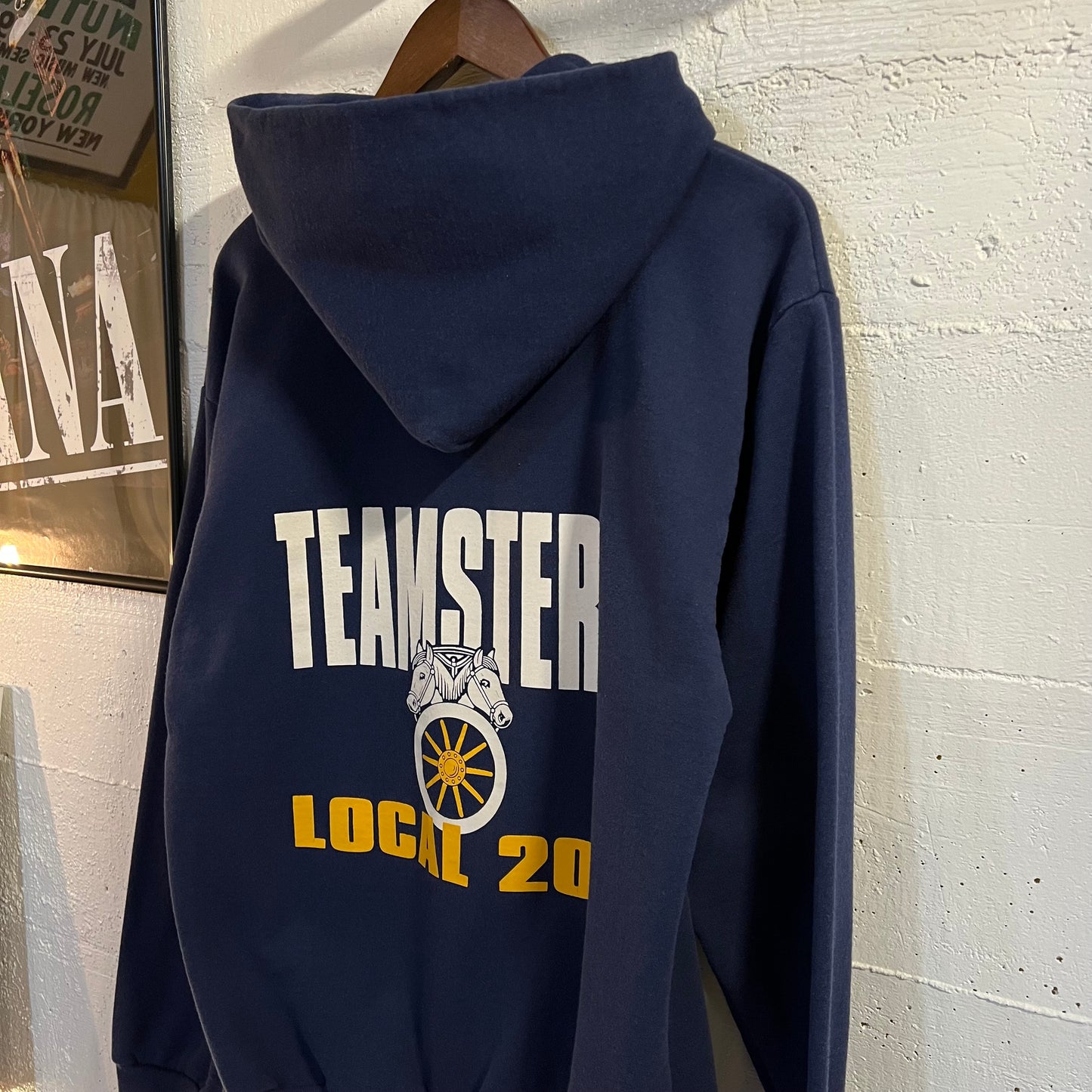 Vintage 80’s Teamsters Local 206 Hoodie Sweatshirt - Size Medium - Union Made In USA - Navy/White/Yellow