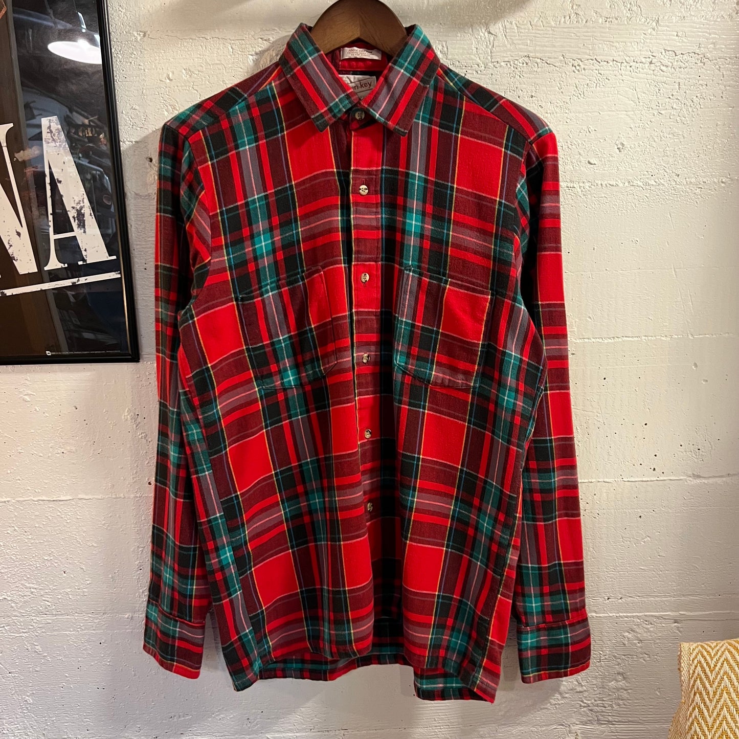 True Vintage 1960's Golden Key Plaid Cotton Square Bottom Flannel Shirt - Size Medium (15-15.5) - Made In USA - Red/Multi