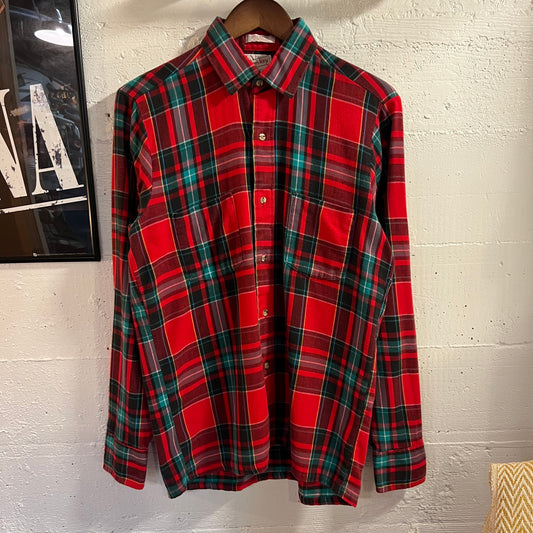 True Vintage 1960's Golden Key Plaid Cotton Square Bottom Flannel Shirt - Size Medium (15-15.5) - Made In USA - Red/Multi