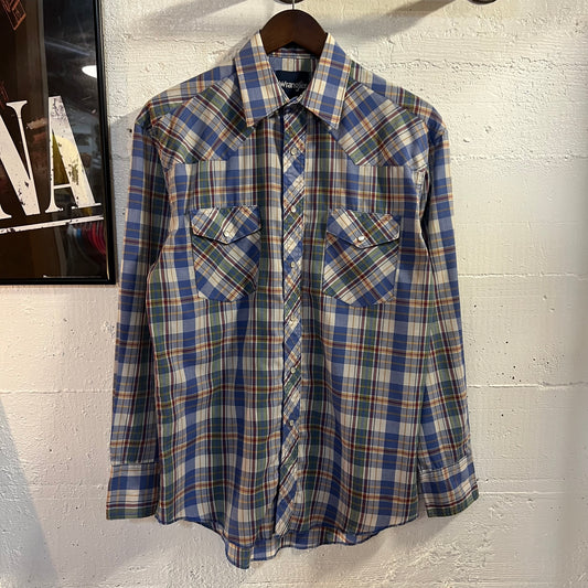 Vintage 90’s Wrangler Pearl Snap Button Up Plaid Long Sleeve Shirt - Size Large - Blue/White/Green/Red/Yellow
