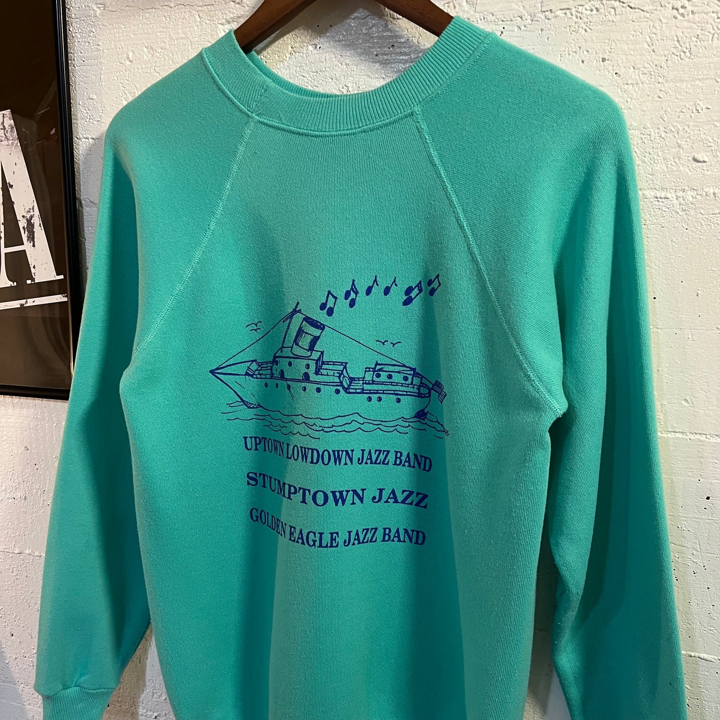 Vintage 1989 Dixieland Jazz Festival At Sea Raglan Crewneck Sweatshirt - Size Small - Made In USA - Mint Green/Indigo