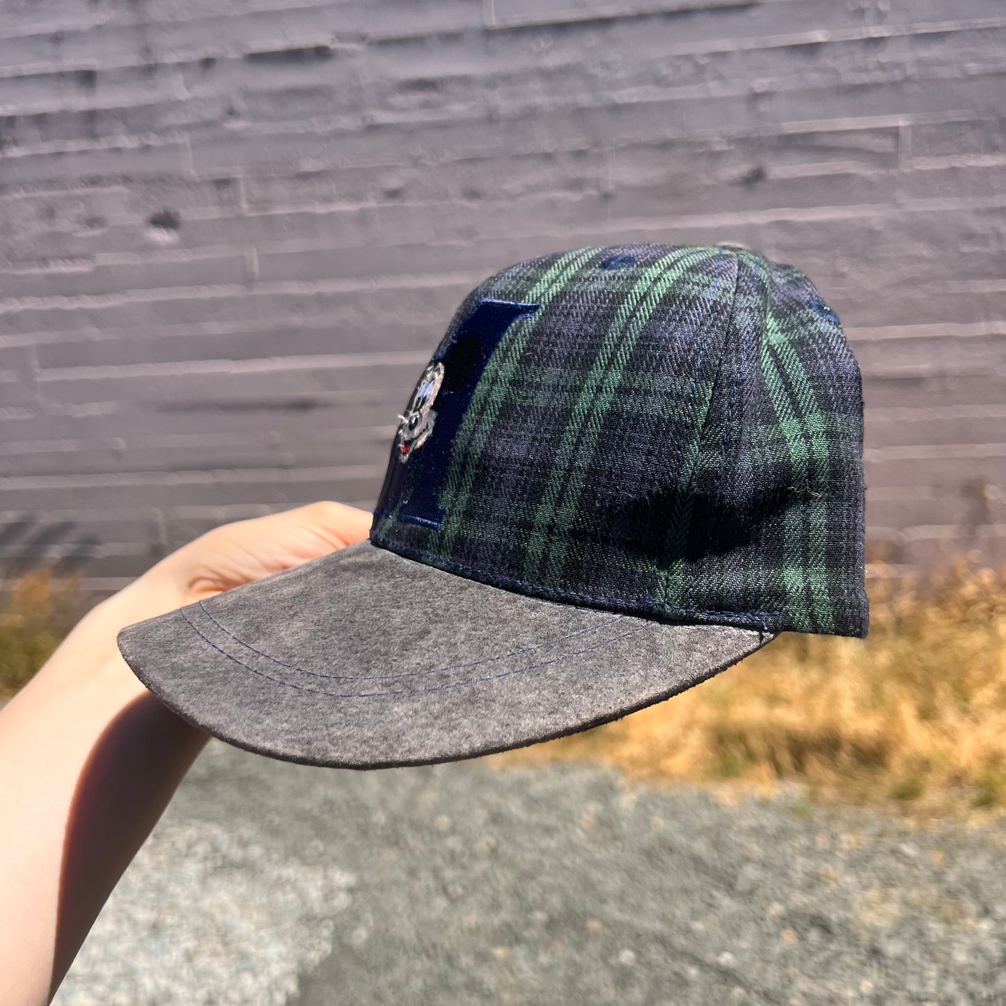 Vintage Mickey Mouse 'M' Disney Plaid Suede Bill Snapback Hat - OSFA - Blue/Green/Black