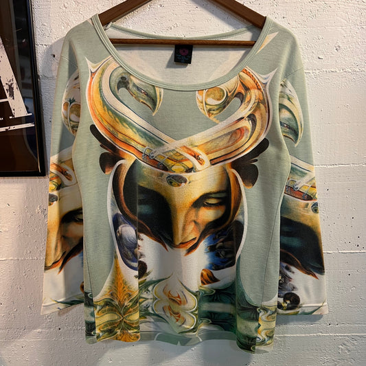 Vintage 2000's Crystal Tara Surreal Art All Over Print Scoop Neck Bell Sleeve Top - Size XL - Multicolor