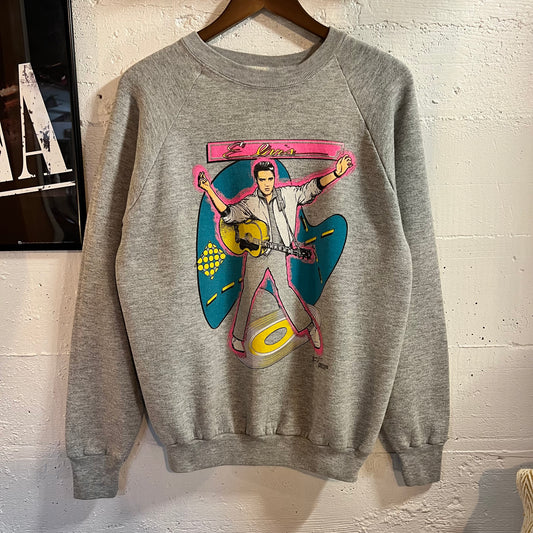 Vintage 1989 Elvis Presley Raglan Sleeve Crewneck Sweatshirt - Size Large - Made In USA - Heather Grey/Multicolor