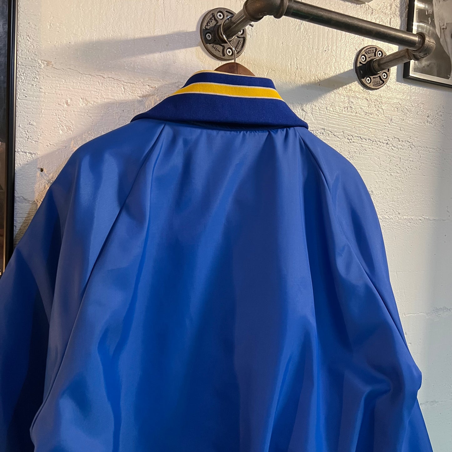 Vintage 90's Fold Down Collar Satin Bomber Jacket 'James River-Wauna Mill' - Size Large - Made In USA - Blue/Yellow
