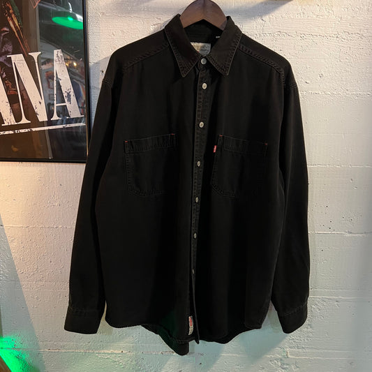Vintage 90's Levi Red Tab Heavy Cotton Denim Button Up Shirt - Size Large - Faded Black Denim