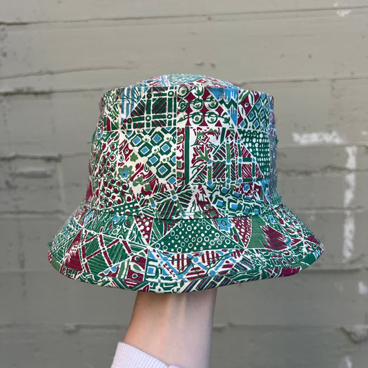 Vintage 1960's Abstract Pattern Bucket Hat - Size Medium - Green/White/Red