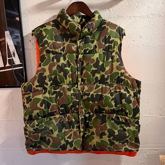 Vintage 1980's Black Sheep Reversible Duck Camo Puffer Vest - Size Large - Made In USA - Duck Camo/Blaze Orange