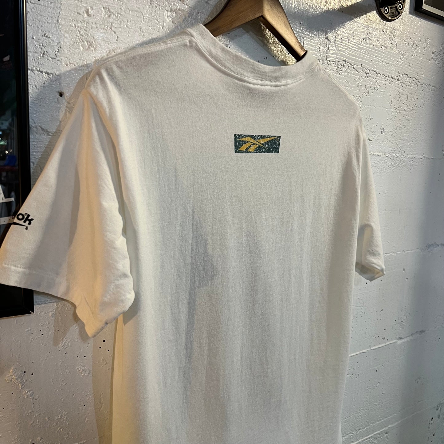 Vintage 90's Reebok 'Play Hard' Single Stitch Graphic T-Shirt - Size Medium - Made In USA - White/Blue/Yellow