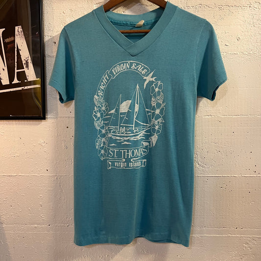 Vintage 70’s St.Thomas Virgin Islands ‘Yacht Virgin Sale’ Single Stitch V-Neck T-Shirt - Size Medium - Made In USA - Blue/White
