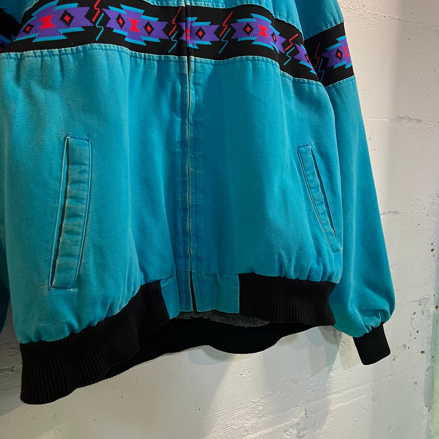 Vintage David James Aztec Blanket Lined Canvas Bomber Jacket - Size Large - Made In USA - Turquoise/Black