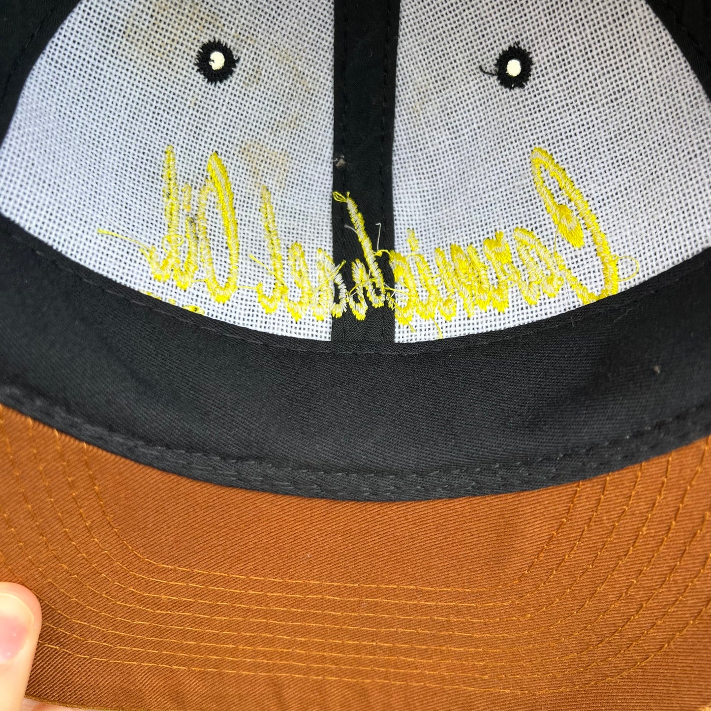 Vintage Embroidered Carmichael Oil Inc. Snap Back W/ Leather Bill Hat - One Size Fits Most - Black/Yellow/White/Brown