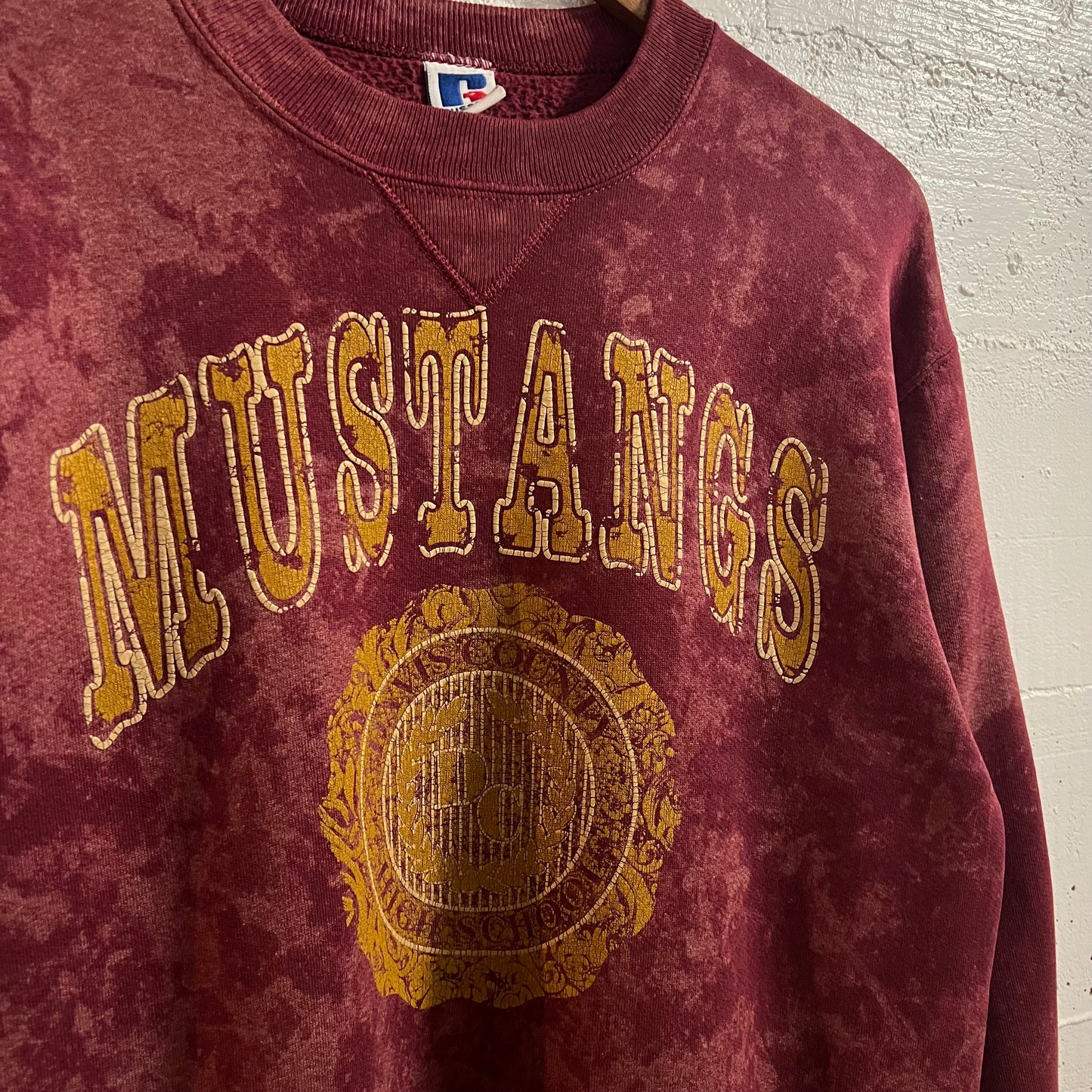 Vintage 90’s Davis County High School Mustangs Acid Washed Puff Print Crewneck Sweatshirt - Size Large - Made In USA - Maroon/Yellow