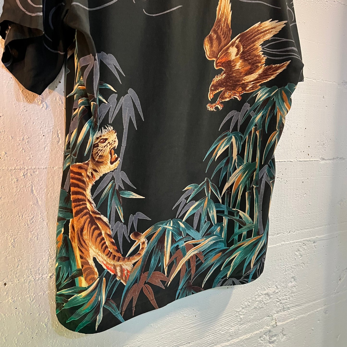 Vintage 1970’s Kennington California Rayon (Tiger VS Falcon) Aloha Surf Shirt - Size Small - Black/Multicolor