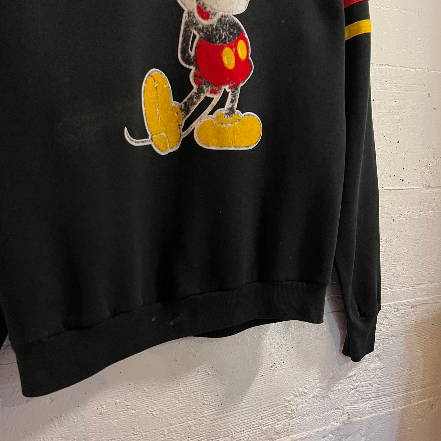 Vintage 80’s Distressed Disney Mickey Mouse Raglan Sleeve Crewneck Sweatshirt - Size Large - Made In USA - Black/Red/Yellow/White