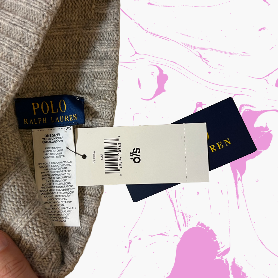*New* Polo Ralph Lauren Embroidered Horseman Wool Blend Ribbed Knit Cuffed Beanie - O/S - Oatmeal