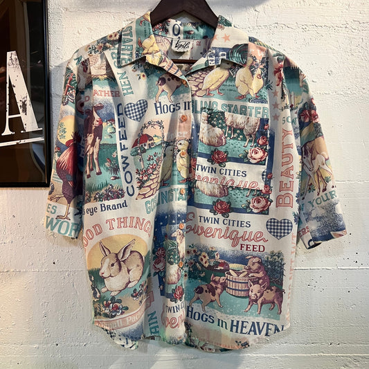 Vintage Tap & Co. Farm Animal Feed Bag Short Sleeve Button Up Shirt - Size Small - Made In USA - Multicolor